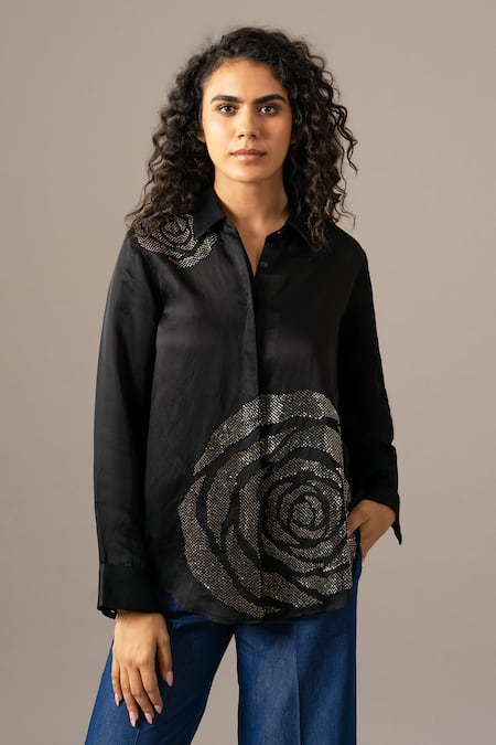 Namrata Joshipura Black Modal, Linen Embroidery Collared Rosette Full Sleeve Shirt 