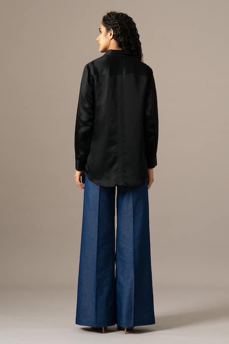 Shop_Namrata Joshipura_Black Modal, Linen Embroidery Collared Poppy Flower Shirt _at_Aza_Fashions