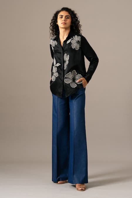 Namrata Joshipura_Black Modal, Linen Embroidery Collared Poppy Flower Shirt _Online_at_Aza_Fashions