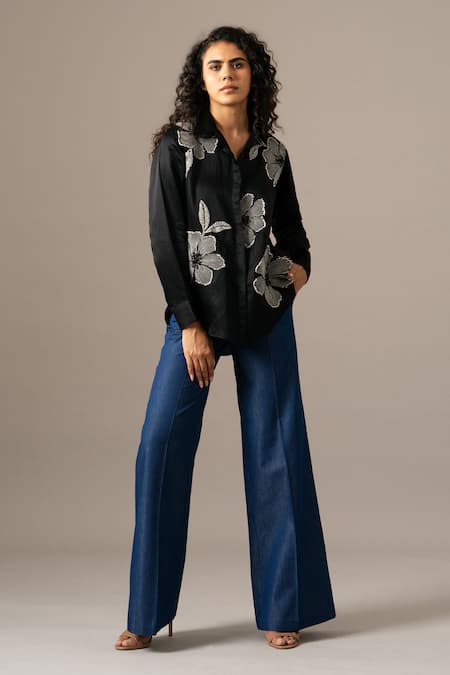 Buy_Namrata Joshipura_Black Modal, Linen Embroidery Collared Poppy Flower Shirt _Online_at_Aza_Fashions