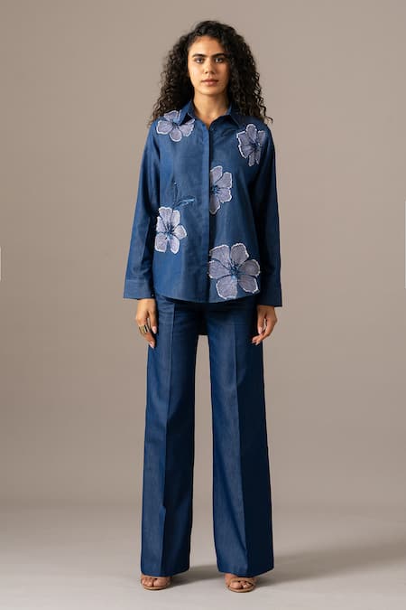 Namrata Joshipura Blue Denim Embroidery Collared Poppy Flower Shirt Online at Aza Fashions Namrata Joshipura_Blue Denim Embroidery Collared Poppy Flower Shirt _Online_at_Aza_Fashions