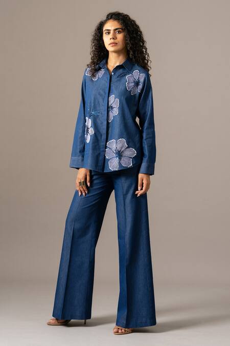 Buy Namrata Joshipura Blue Denim Embroidery Collared Poppy Flower Shirt Online at Aza Fashions Buy_Namrata Joshipura_Blue Denim Embroidery Collared Poppy Flower Shirt _Online_at_Aza_Fashions