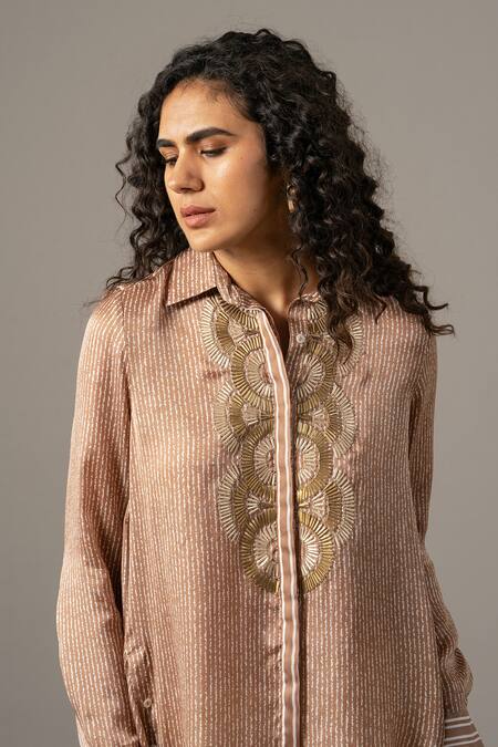 Buy Namrata Joshipura Brown Embroidery Collared Reeva Mocha Handkerchief Shirt Online at Aza Fashions Buy_Namrata Joshipura_Brown Embroidery Collared Reeva Mocha Handkerchief Shirt _Online_at_Aza_Fashions