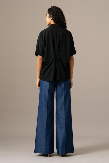 Shop_Namrata Joshipura_Black Embroidery Open Neck Moonflower Back Tie Zipper Top _at_Aza_Fashions