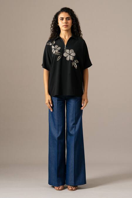 Namrata Joshipura_Black Embroidery Open Neck Moonflower Back Tie Zipper Top _Online_at_Aza_Fashions