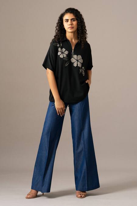 Buy_Namrata Joshipura_Black Embroidery Open Neck Moonflower Back Tie Zipper Top _Online_at_Aza_Fashions