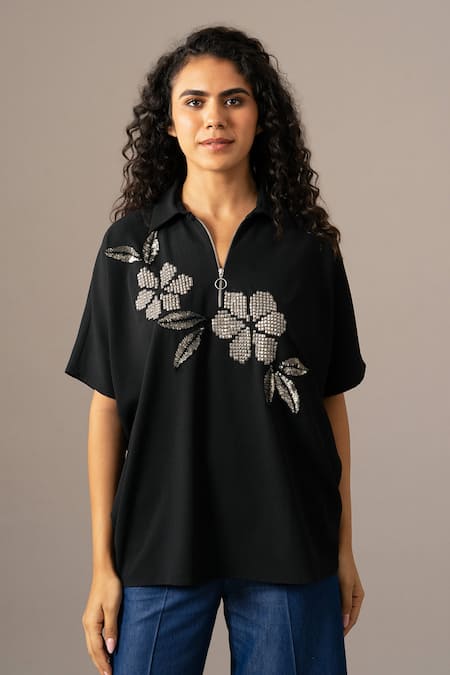 Namrata Joshipura Black Embroidery Open Neck Moonflower Back Tie Zipper Top 