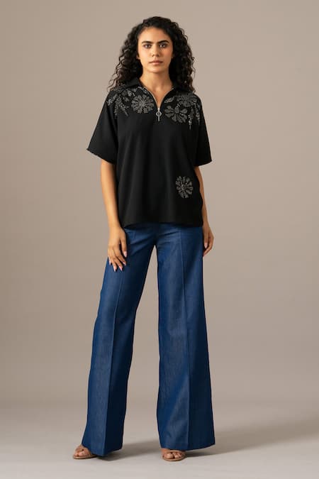 Namrata Joshipura Black Embroidery Collared Grace Backtie Zipper Top Online at Aza Fashions Namrata Joshipura_Black Embroidery Collared Grace Backtie Zipper Top _Online_at_Aza_Fashions