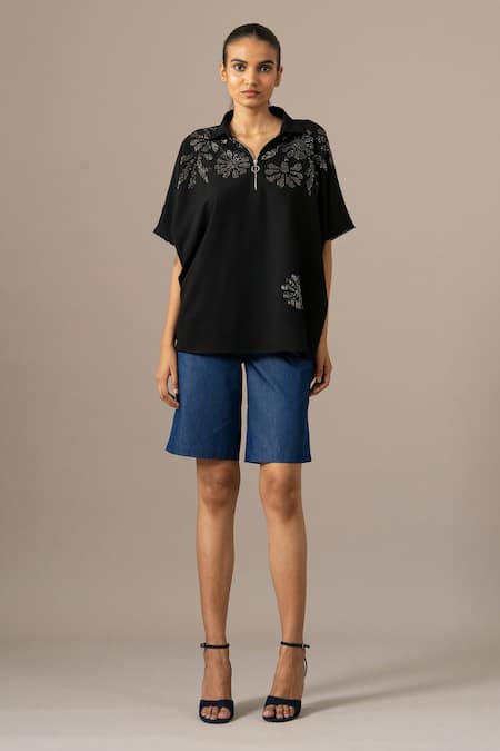 Buy Namrata Joshipura Black Embroidery Collared Grace Backtie Zipper Top Online at Aza Fashions Buy_Namrata Joshipura_Black Embroidery Collared Grace Backtie Zipper Top _Online_at_Aza_Fashions