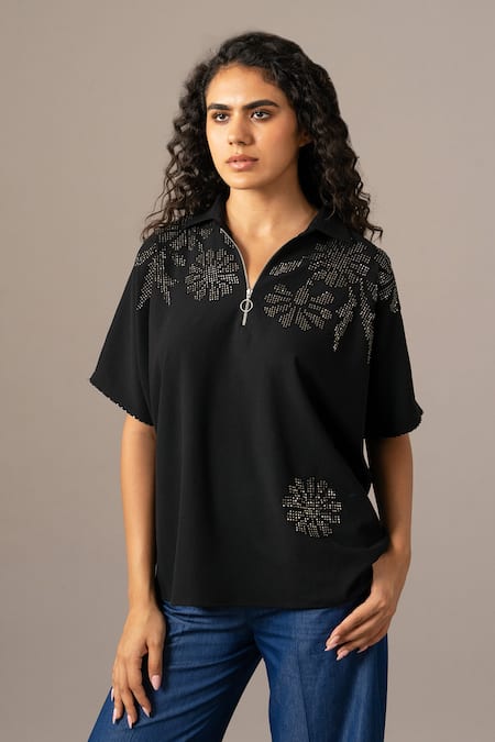 Namrata Joshipura Black Embroidery Collared Grace Backtie Zipper Top 