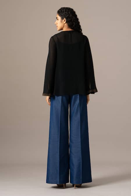 Shop Namrata Joshipura Black Georgette Embroidery Round Neck Matrix Zipper Double Layer Top at Aza Fashions Shop_Namrata Joshipura_Black Georgette Embroidery Round Neck Matrix Zipper Double Layer Top _at_Aza_Fashions