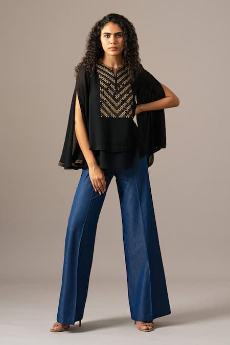 Namrata Joshipura Black Georgette Embroidery Round Neck Matrix Zipper Double Layer Top Online at Aza Fashions Namrata Joshipura_Black Georgette Embroidery Round Neck Matrix Zipper Double Layer Top _Online_at_Aza_Fashions