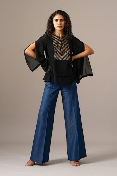 Buy Namrata Joshipura Black Georgette Embroidery Round Neck Matrix Zipper Double Layer Top Online at Aza Fashions Buy_Namrata Joshipura_Black Georgette Embroidery Round Neck Matrix Zipper Double Layer Top _Online_at_Aza_Fashions