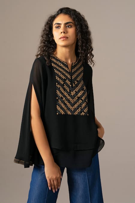 Namrata Joshipura Black Georgette Embroidery Round Neck Matrix Zipper Double Layer Top