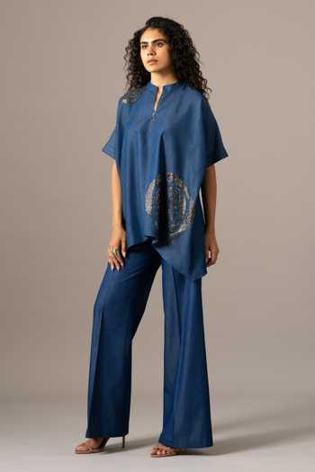 Namrata Joshipura_Blue Denim Sequins Collared Rosette Zipper Handkerchief Tunic _Online_at_Aza_Fashions