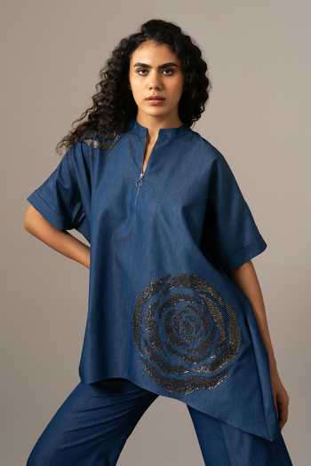 Shop_Namrata Joshipura_Blue Denim Sequins Collared Rosette Zipper Handkerchief Tunic _Online_at_Aza_Fashions