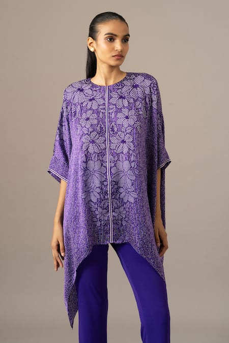 Namrata Joshipura Purple Embroidery Round Neck Pansy Flower Handkerchief Tunic Online at Aza Fashions Namrata Joshipura_Purple Embroidery Round Neck Pansy Flower Handkerchief Tunic _Online_at_Aza_Fashions