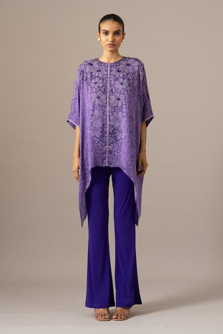 Buy Namrata Joshipura Purple Embroidery Round Neck Pansy Flower Handkerchief Tunic Online at Aza Fashions Buy_Namrata Joshipura_Purple Embroidery Round Neck Pansy Flower Handkerchief Tunic _Online_at_Aza_Fashions