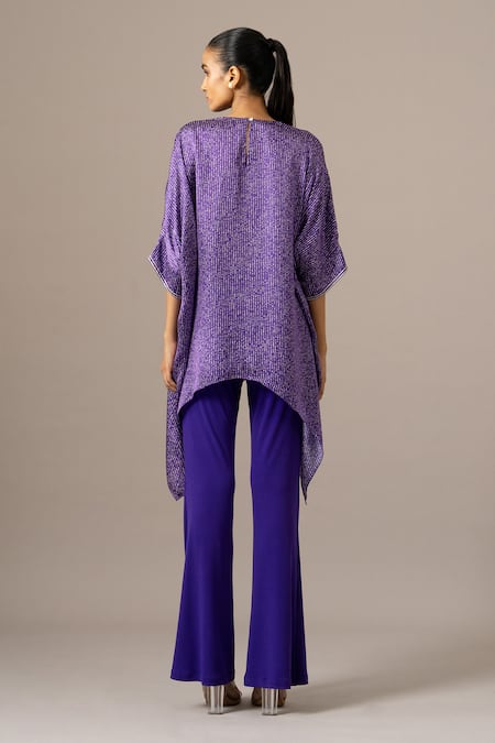 Shop Namrata Joshipura Purple Embroidery Round Neck Pansy Flower Handkerchief Tunic at Aza Fashions Shop_Namrata Joshipura_Purple Embroidery Round Neck Pansy Flower Handkerchief Tunic _at_Aza_Fashions