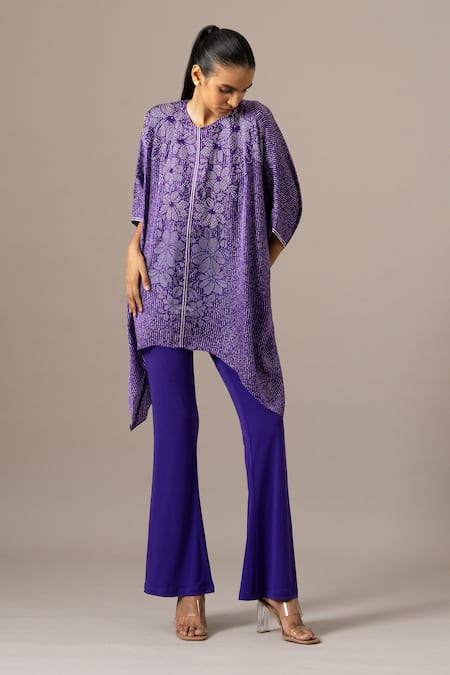 Namrata Joshipura Purple Embroidery Round Neck Pansy Flower Handkerchief Tunic