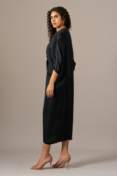 Shop_Namrata Joshipura_Black Embroidery Round Neck Baroque Drawstring Dress _at_Aza_Fashions