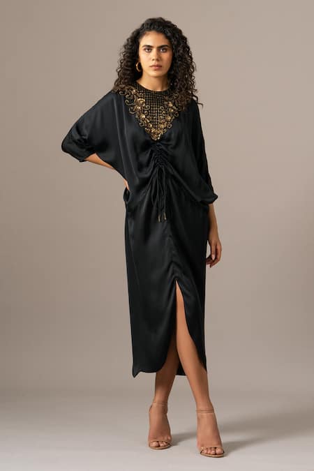 Namrata Joshipura Black Embroidery Round Neck Baroque Drawstring Dress