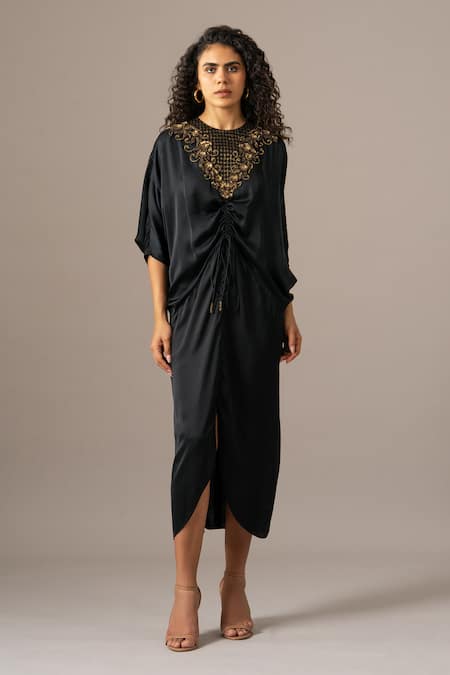 Namrata Joshipura_Black Embroidery Round Neck Baroque Drawstring Dress _Online_at_Aza_Fashions