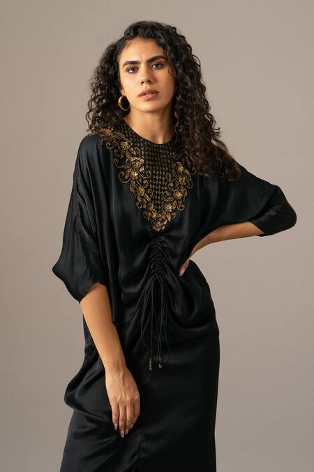 Buy_Namrata Joshipura_Black Embroidery Round Neck Baroque Drawstring Dress _Online_at_Aza_Fashions
