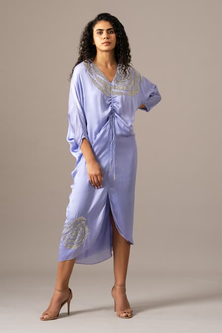 Namrata Joshipura Purple Embroidery V-neck Rosette Drawstring Dress