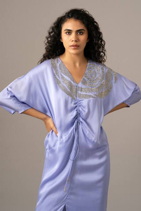 Namrata Joshipura_Purple Embroidery V-neck Rosette Drawstring Dress _Online_at_Aza_Fashions