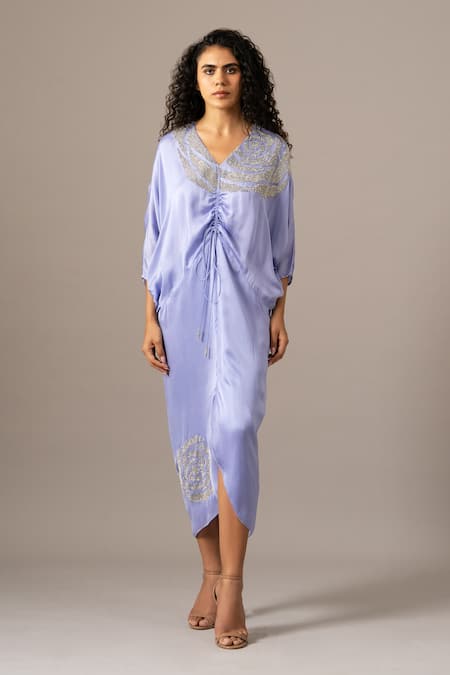 Buy_Namrata Joshipura_Purple Embroidery V-neck Rosette Drawstring Dress _Online_at_Aza_Fashions