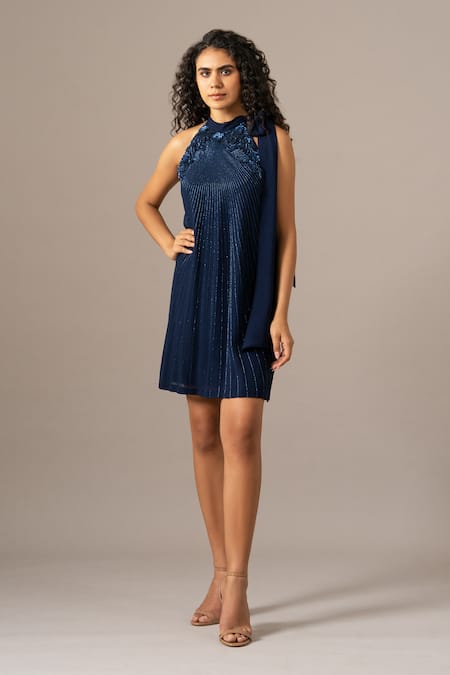 Namrata Joshipura Navy Georgette Embroidery Halter Neck Baroque Dress 