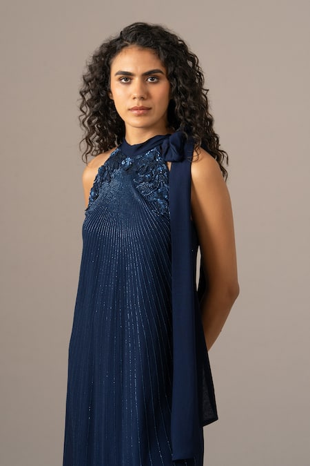 Namrata Joshipura_Navy Georgette Embroidery Halter Neck Baroque Dress _Online_at_Aza_Fashions