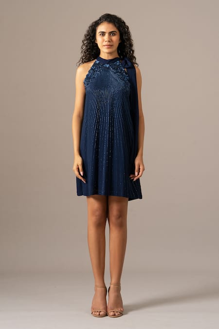 Buy_Namrata Joshipura_Navy Georgette Embroidery Halter Neck Baroque Dress _Online_at_Aza_Fashions