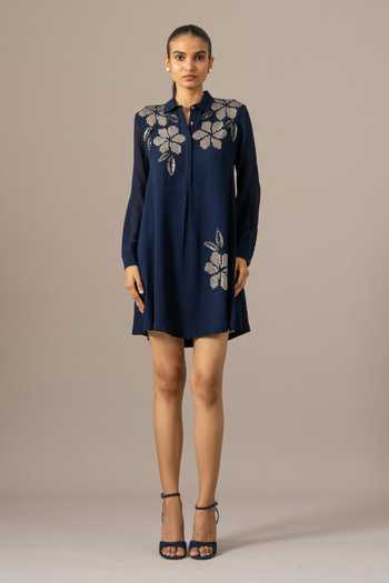 Namrata Joshipura_Navy Georgette Embroidery Collared Moonflower Front Pleat Dress _Online_at_Aza_Fashions