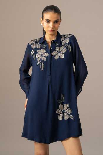 Buy_Namrata Joshipura_Navy Georgette Embroidery Collared Moonflower Front Pleat Dress _Online_at_Aza_Fashions