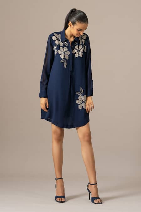 Namrata Joshipura Navy Georgette Embroidery Collared Moonflower Front Pleat Dress 