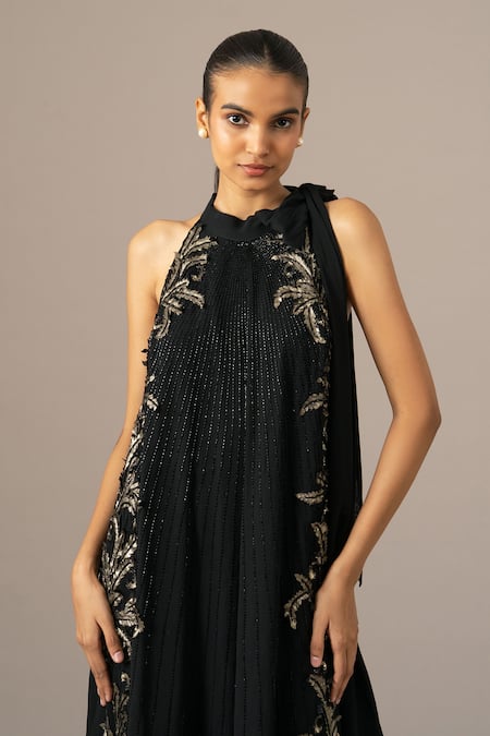 Namrata Joshipura_Black Georgette Embroidery Halter Neck Fern Dress _Online_at_Aza_Fashions