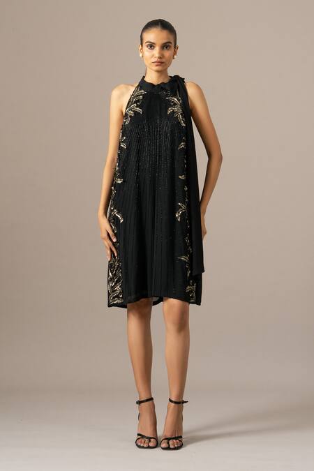 Buy_Namrata Joshipura_Black Georgette Embroidery Halter Neck Fern Dress _Online_at_Aza_Fashions
