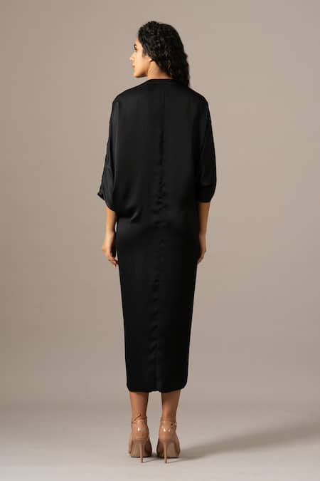 Shop_Namrata Joshipura_Black Embroidery V-neck Katnis Drawstring Dress _at_Aza_Fashions