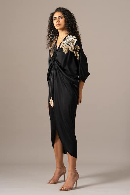 Namrata Joshipura_Black Embroidery V-neck Katnis Drawstring Dress _Online_at_Aza_Fashions
