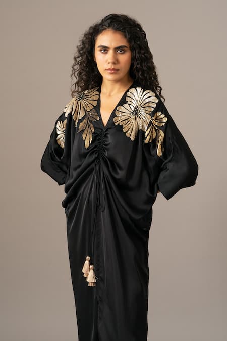 Buy_Namrata Joshipura_Black Embroidery V-neck Katnis Drawstring Dress _Online_at_Aza_Fashions