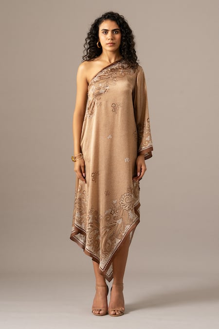Namrata Joshipura Brown One Shoulder Paisley Scarf Printed Dress Online at Aza Fashions Namrata Joshipura_Brown One Shoulder Paisley Scarf Printed Dress _Online_at_Aza_Fashions