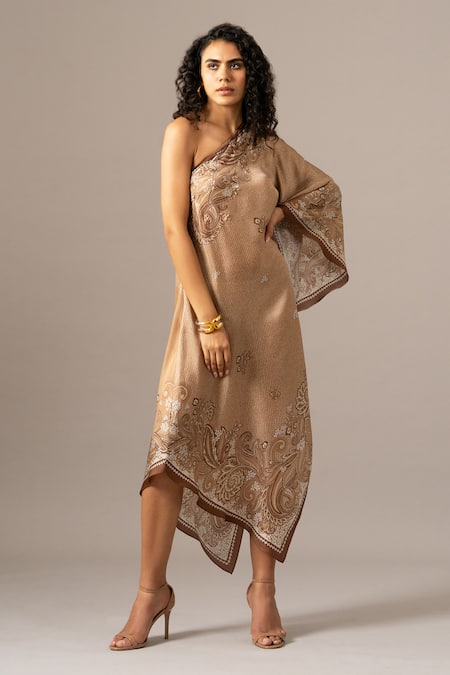 Namrata Joshipura Brown One Shoulder Paisley Scarf Printed Dress 