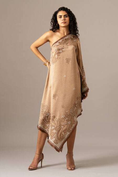 Shop Namrata Joshipura Brown One Shoulder Paisley Scarf Printed Dress Online at Aza Fashions Shop_Namrata Joshipura_Brown One Shoulder Paisley Scarf Printed Dress _Online_at_Aza_Fashions