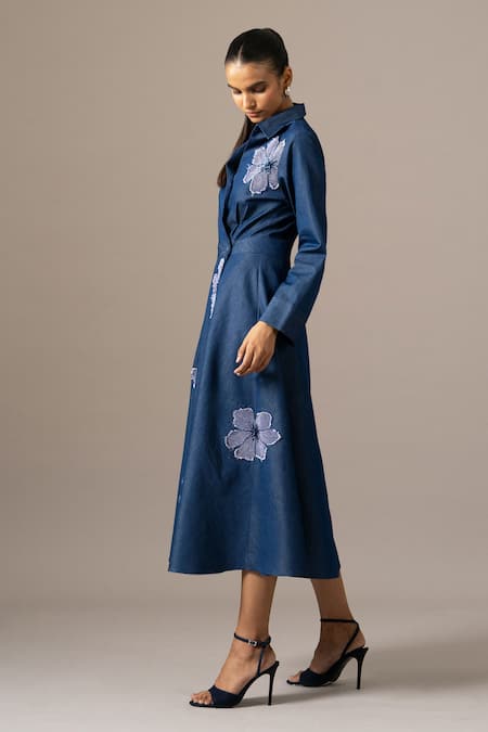 Namrata Joshipura_Blue Denim Embroidery Collared Poppy Flower Wrap Dress _Online_at_Aza_Fashions