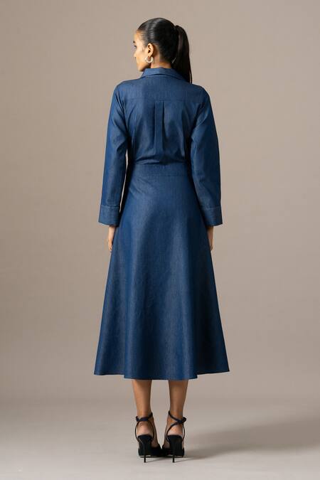 Shop_Namrata Joshipura_Blue Denim Embroidery Collared Poppy Flower Wrap Dress _at_Aza_Fashions