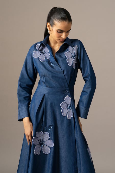 Buy_Namrata Joshipura_Blue Denim Embroidery Collared Poppy Flower Wrap Dress _Online_at_Aza_Fashions