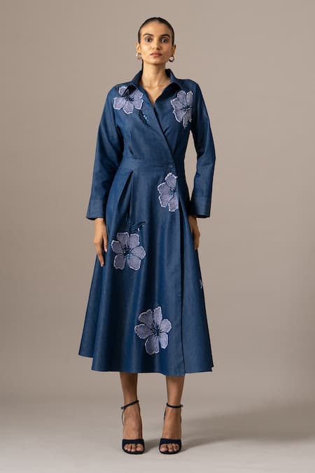 Shop_Namrata Joshipura_Blue Denim Embroidery Collared Poppy Flower Wrap Dress _Online_at_Aza_Fashions