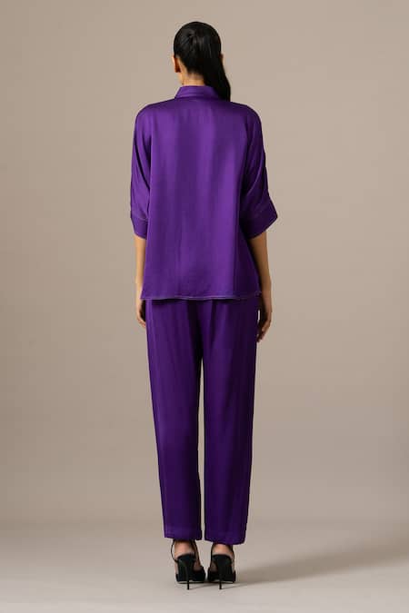 Shop Namrata Joshipura Purple Modal, Linen Embroidery Collared Poppy Flower Pant Coord Set at Aza Fashions Shop_Namrata Joshipura_Purple Modal, Linen Embroidery Collared Poppy Flower Pant Coord Set _at_Aza_Fashions